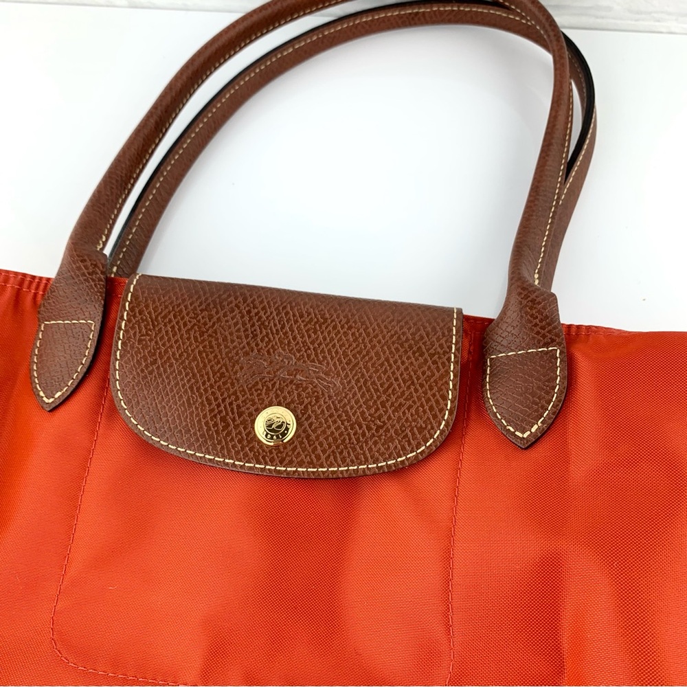 Longchamp Orange Nylon & Brown Leather Tote - Picture 4 of 16